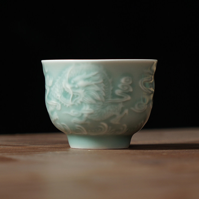 杯子茶杯陶瓷中式复古龙泉青瓷主人杯中号龙纹盏茶杯喝茶专用杯