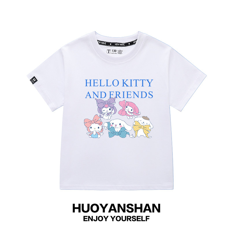 hello kitty凯蒂猫短袖T恤男女童联名玉桂狗库洛米纯棉宽松儿童装图片