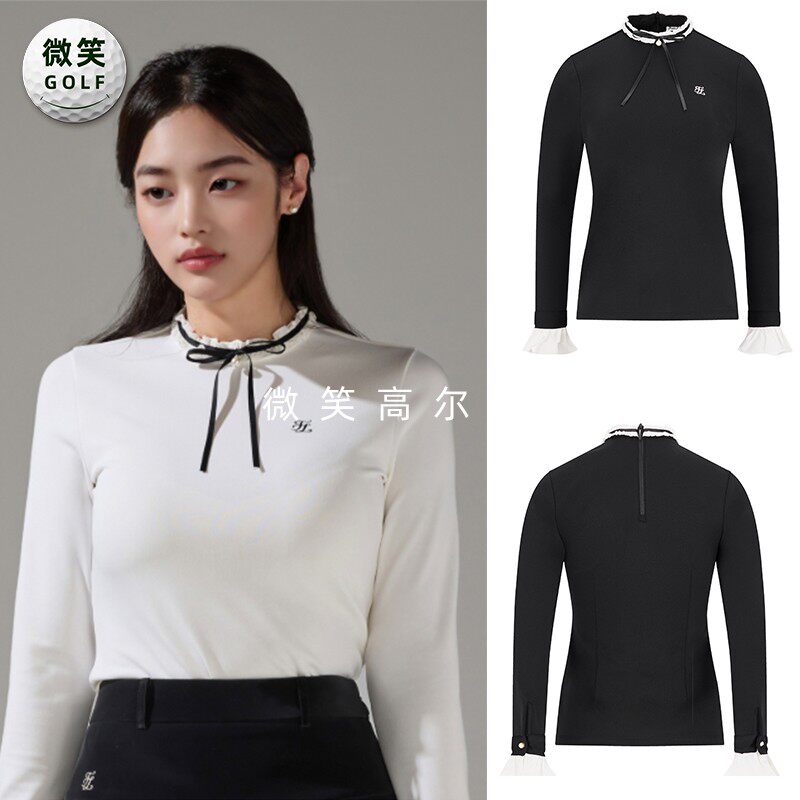 2025秋新款韩国代购FairLiar荷叶边蝴蝶结高尔夫球服女士长袖T恤