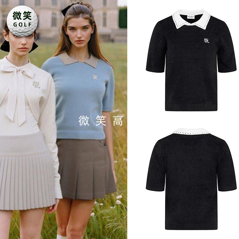 2025秋季新款韩国代购FairLiar配色翻领高尔夫球服女士短袖针织衫