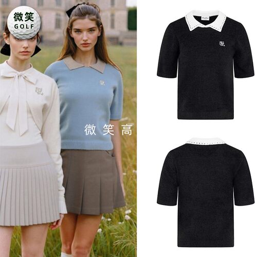 2025秋季新款韩国代购FairLiar配色翻领高尔夫球服女士短袖针织衫