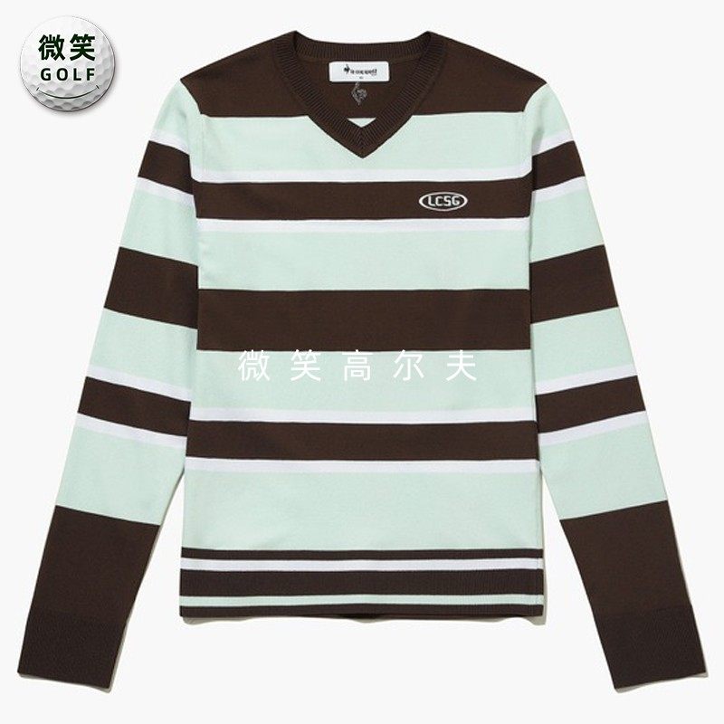 高尔夫女V领条纹运动毛衣针织衫