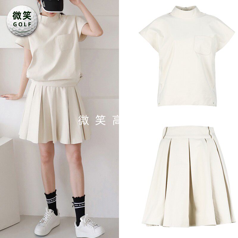 特价2026夏韩国代购蝙蝠帽休闲高尔夫球服女士短袖T恤百褶裙套装