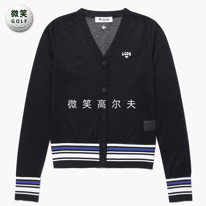 高尔夫女士V领系扣条纹运动开衫