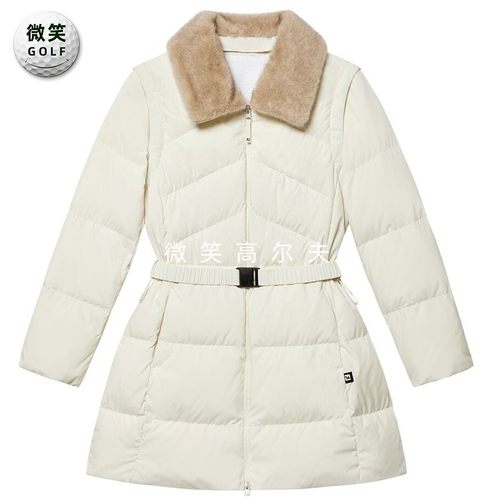 高尔夫翻领收腰长款可拆袖羽绒服