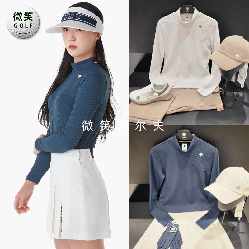 高尔夫女条纹高领弹力运动打底衫
