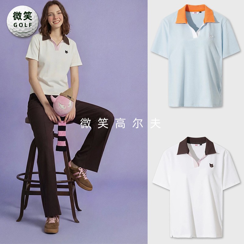 2026夏新款韩国代购WAAC拼色翻领高尔夫球服女士宽松运动短袖T恤