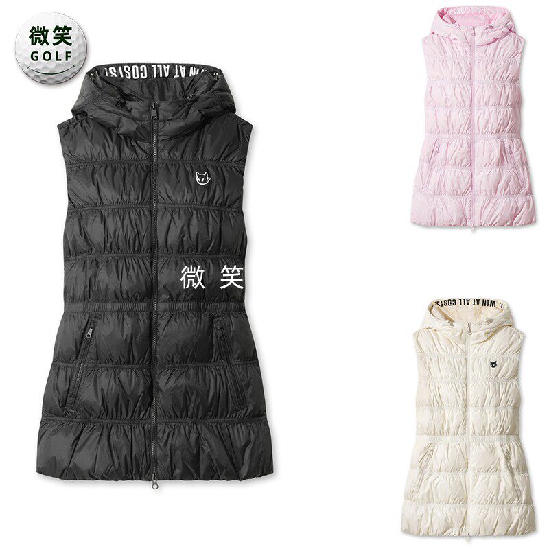 2025冬季新款韩国代购WAAC褶皱连帽高尔夫球服女士中长款羽绒马甲