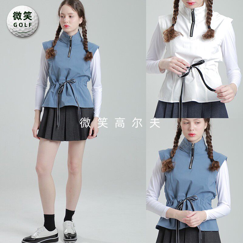 特价2025春款韩国代购腰部蝴蝶结收腰高尔夫球服女士马甲背心GOLF