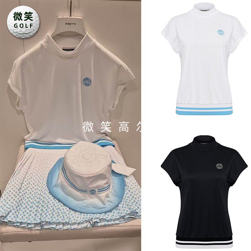 2026夏新款韩国代购雪花提花半高领高尔夫球服女士蝙蝠袖短袖T恤