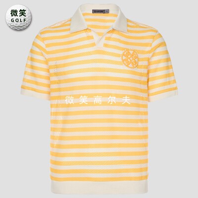 高尔夫男士翻领条纹网眼短袖T恤