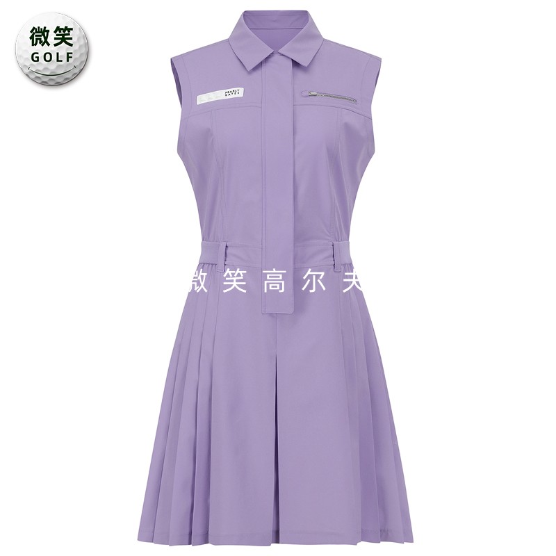 高尔夫女翻领收腰百褶无袖连衣裙