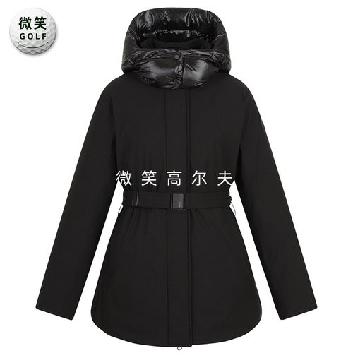 高尔夫女连帽收腰中长款羽绒服