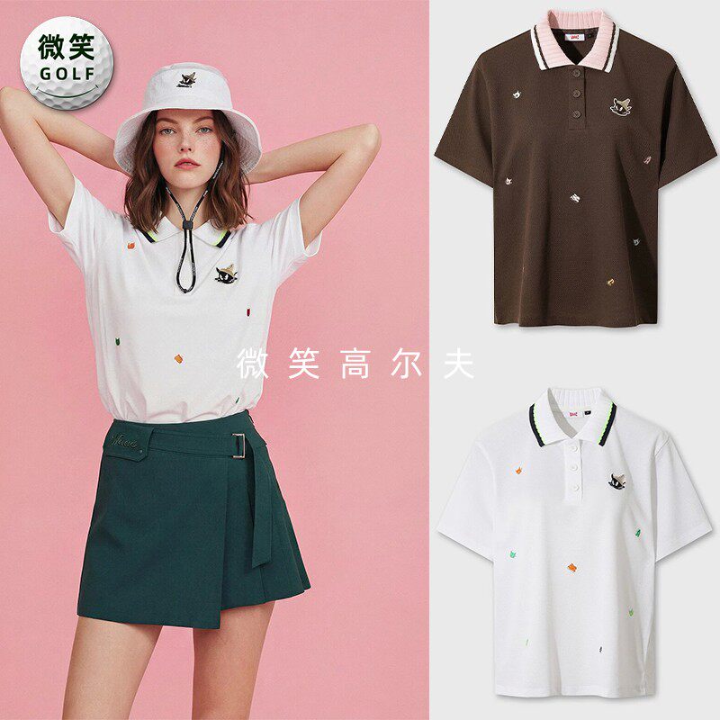 2026夏新款韩国代购WAAC宽松翻领高尔夫球服女士刺绣运动短袖T恤
