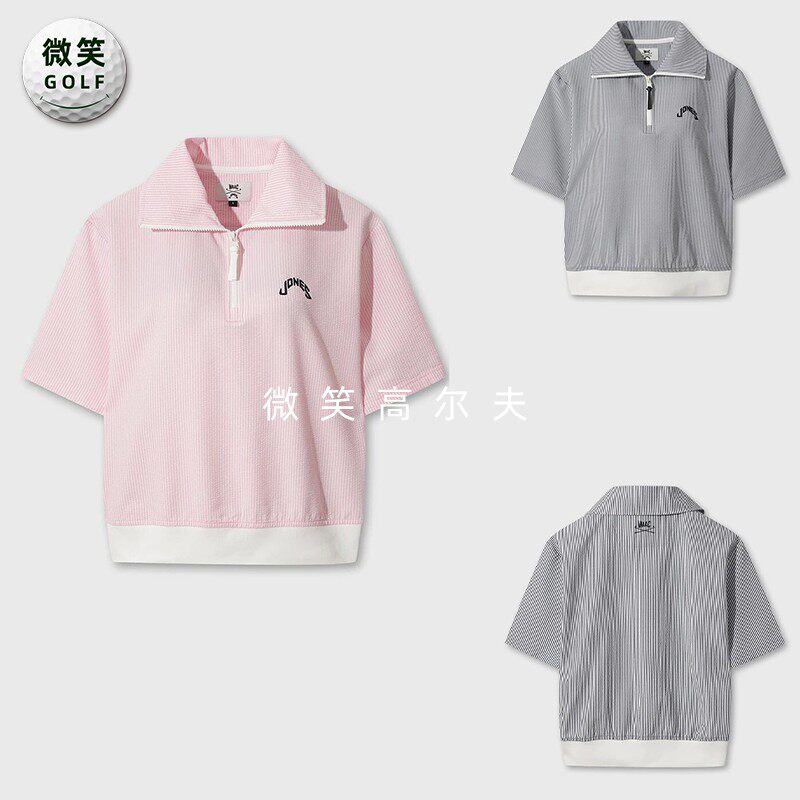 2026夏季新款韩国代购WAAC半拉链翻领高尔夫球服女士条纹短袖T恤