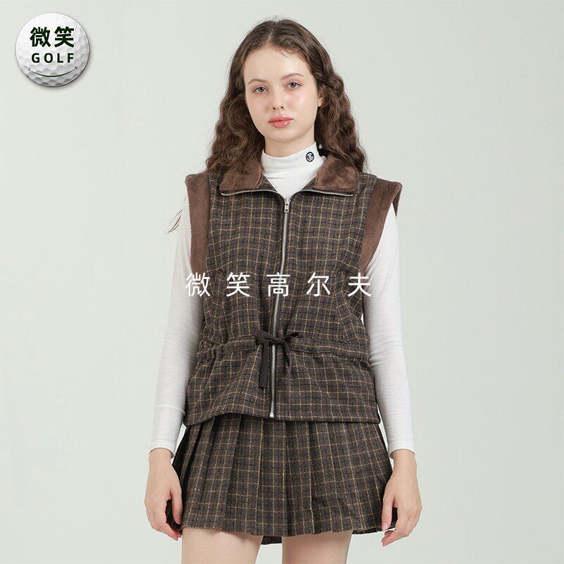 特价2025秋新款韩国代购加厚保暖格子高尔夫球服女士拉链马甲背心