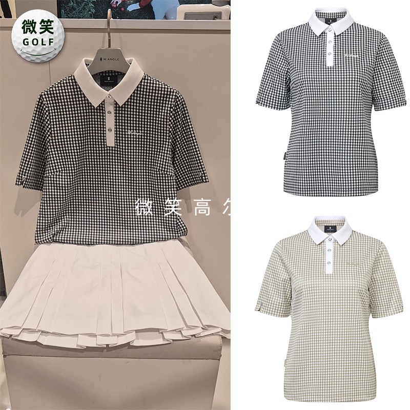 2026夏季新款韩国代购WANGLE文艺格子高尔夫服装女士运动短袖T恤