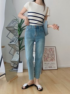 阿瑞家 2023秋季新款复古水洗修饰腿型百搭直筒九分烟管裤牛仔裤