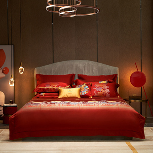 红色结婚床上用品 意大利高端140s支提花纯棉四件套全棉贡缎新中式