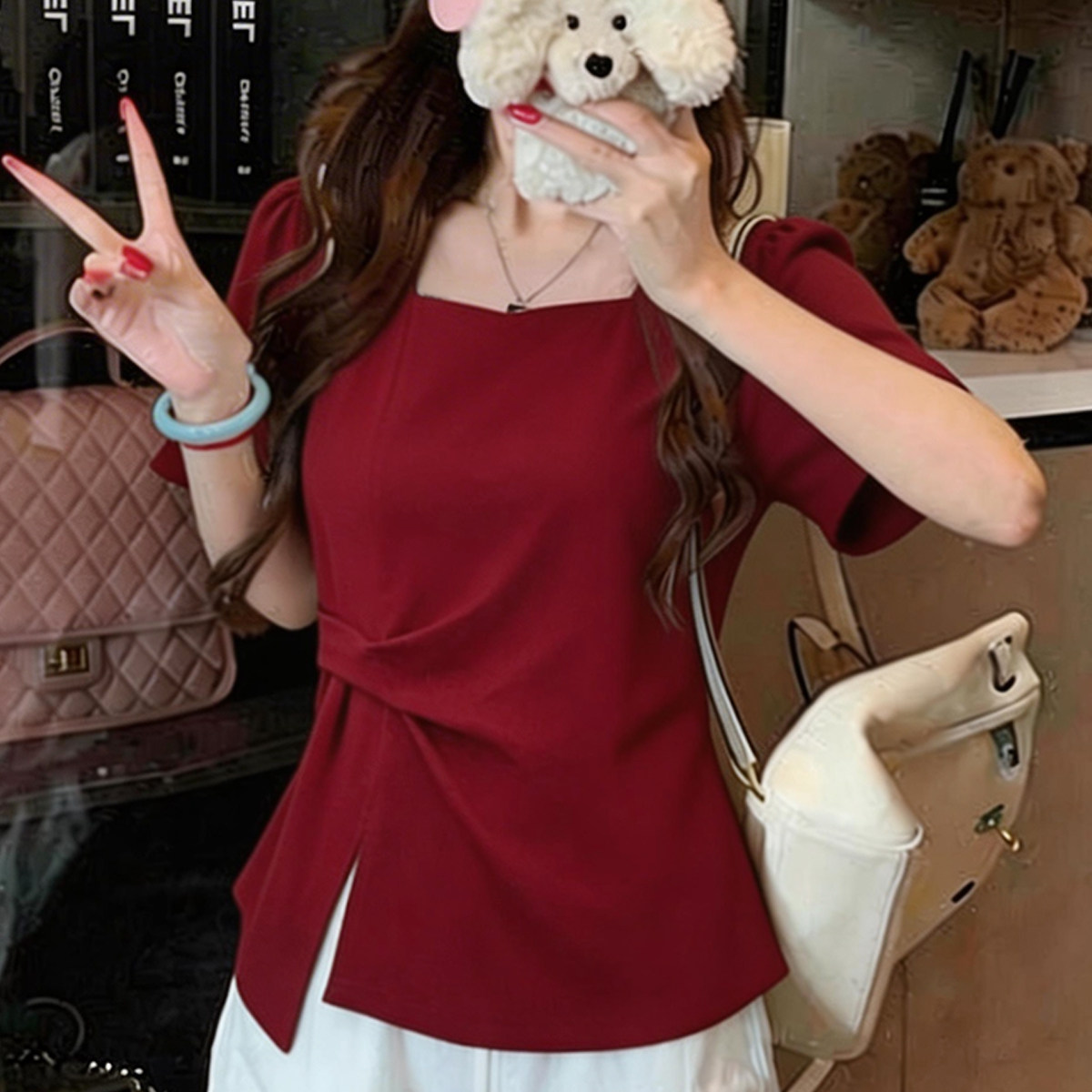 大码女装方领酒红色T恤女夏修身