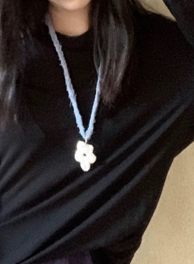 法式优雅花朵吊坠项链蓝色丝带编织毛衣链个性时尚潮流锁骨链颈链