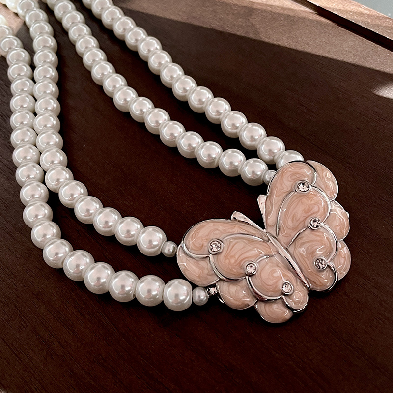 法式复古公主气质镶钻蝴蝶珍珠项链双层串珠叠戴锁骨链配饰毛衣链