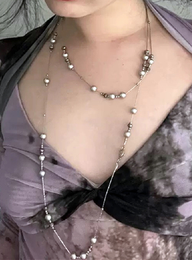 银灰色珍珠满天星颈链长款串珠项链小众设计感毛衣链女锁骨链配饰
