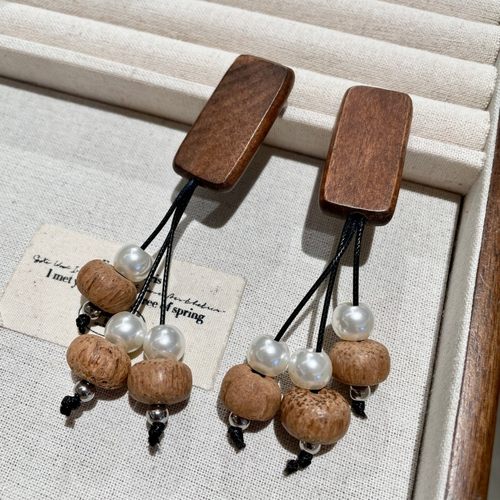 几何方块沉香木珠流苏长款耳环复古民族风珍珠耳钉耳坠个性耳饰女