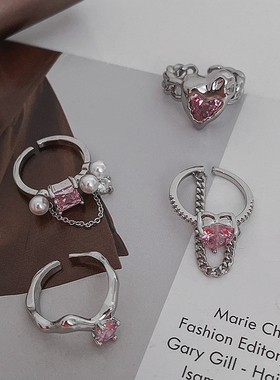 铜镀金粉钻爱心食指戒肌理开口珍珠方钻戒指珍珠锆石流苏链条指环