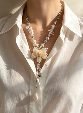 不规则异形贝壳串珠项链重工天然石钛钢水滴长项链立体花朵毛衣链