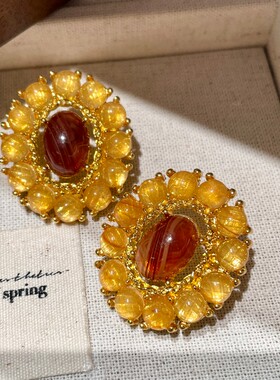美拉德复古新款橘黄色花瓣耳环女时尚设计椭圆形水晶耳钉中古耳饰