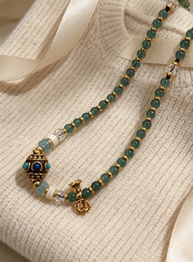国潮天然石复古绿色藏式项链女民族风蓝松石颈链新中式轻奢锁骨链