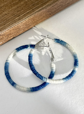 手作复古简约耳环新中式配饰女耳坠渐变蓝色耳饰棉线编织手工耳圈