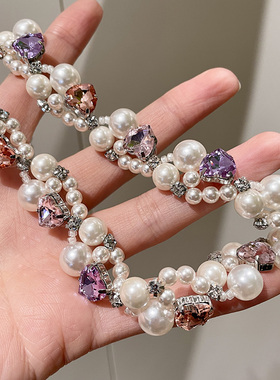 复古奢华vintage马卡龙彩色爱心珍珠项链女锁骨链轻奢choker颈链