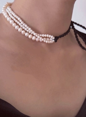 多层珍珠项链女26年新款黑色编绳流苏串珠长款毛衣链叠戴颈链配饰