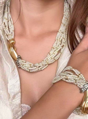 欧美复古多层赫本风珍珠串珠项链气质手掌多层手链叠层短款锁骨链