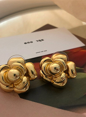 其他文艺复古金色山茶花耳钉女式