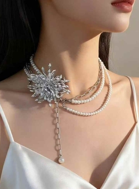 多层珍珠串珠烟花流苏项链女气质颈链choker项圈锁骨链轻奢小众潮