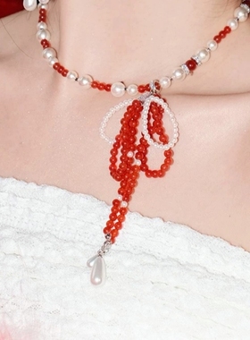 一链多戴！红色水晶珍珠项链蝴蝶结串珠项链choker少女锁骨链颈链