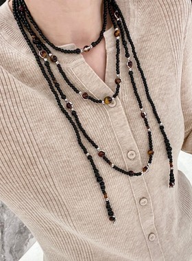 秋冬新款虎眼石串珠多层叠戴项链女长款黑色水晶锁骨链轻奢毛衣链