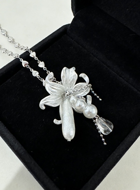 韩系ins风百合花朵珍珠水晶水滴项链甜美气质甜酷小众独特毛衣链