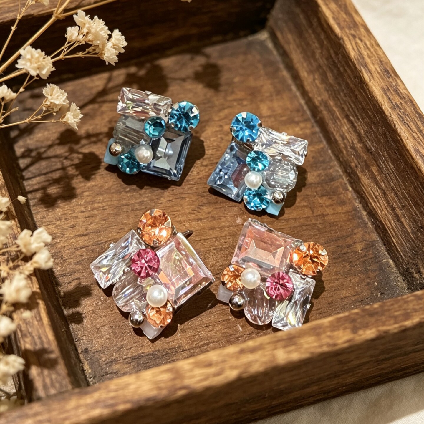 方形珍珠碎钻水晶耳钉气质小众个性时尚潮流百搭耳环冰透方糖耳饰