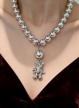 金属控~银色圆珠小熊吊坠项链女卡通choker圆珠链潮流流苏锁骨链