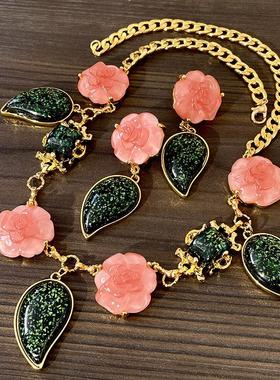 中古高级感粉色琉璃花朵耳环项链复古气质树叶花瓣毛衣链配饰套装