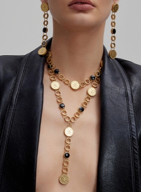 欧美复古金色钱币耳坠个性长款流苏夸张长款气质耳环项链女毛衣链