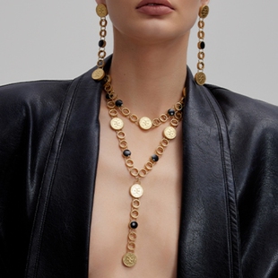 欧美复古金色钱币耳坠个性长款流苏夸张长款气质耳环项链女毛衣链