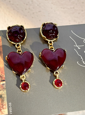 vintage中古琉璃红色爱心耳坠重工气质桃心耳环手轻奢酒红色耳钉