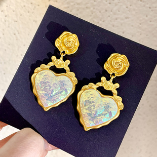 中古vintage金色玫瑰花耳环复古古董风流光彩色爱心宫廷风耳钉女
