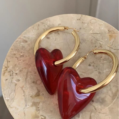 文艺复古人造水晶女桃心金色耳圈