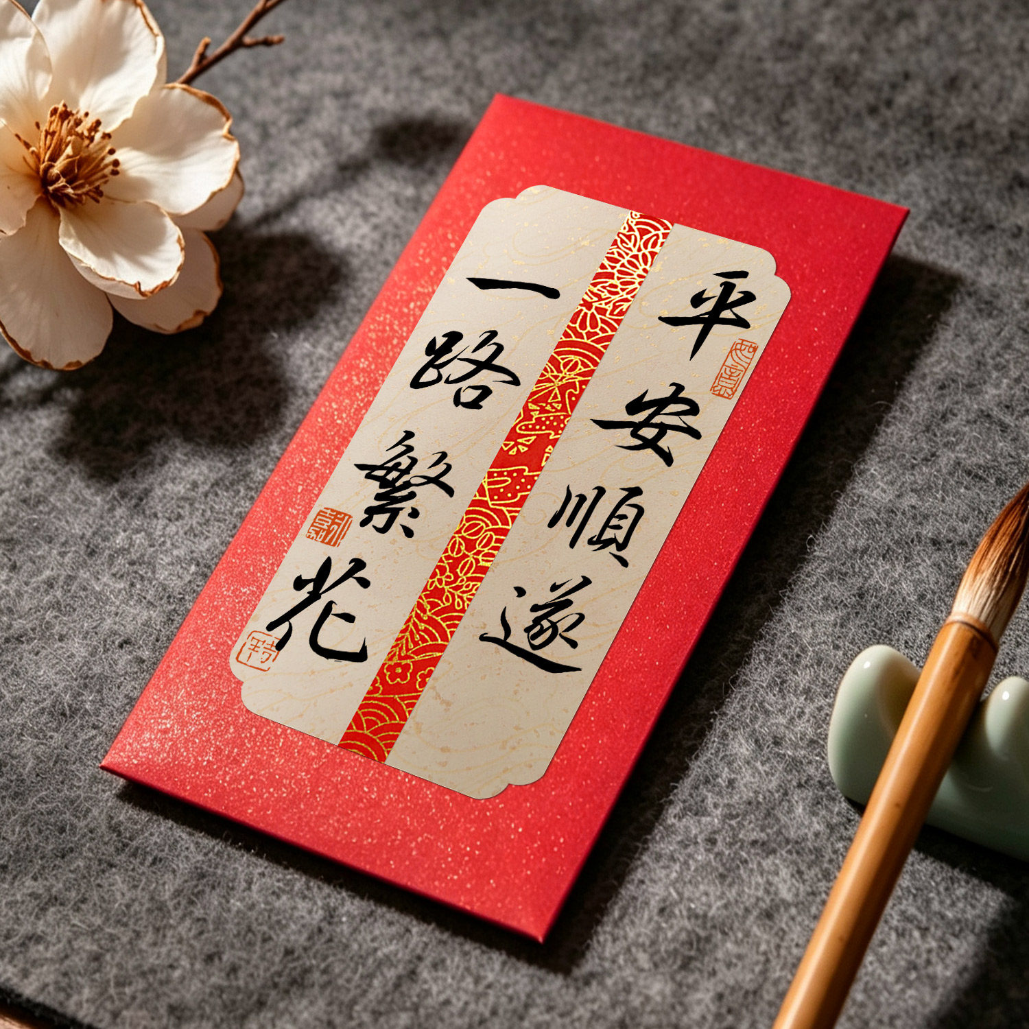 创意手写平安顺遂一路繁花红包提红包/利是封
